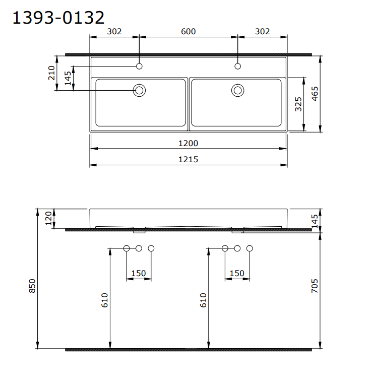 Bocchi Milano 120 cm Çift Gözlü Tezgah Üstü Lavabo Parlak Beyaz
