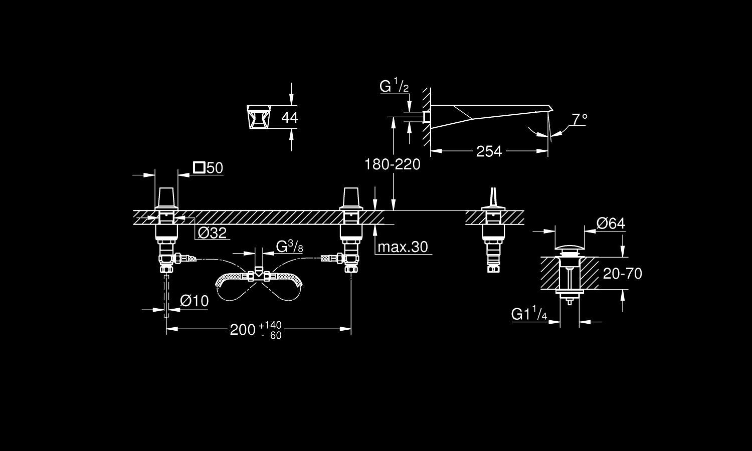 Grohe Allure Brilliant Icon 3D, 3 Delikli Duvardan Ankastre Lavabo Bataryası, Paslanmaz Çelik