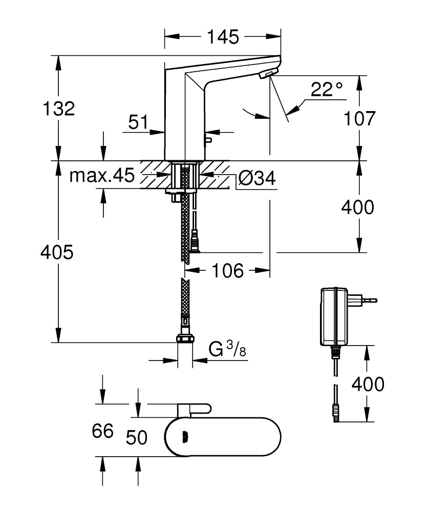 Grohe Eurosmart Cosmopolitan E Fotoselli Lavabo Bataryası (Elektrikli, Çift Su Girişli)