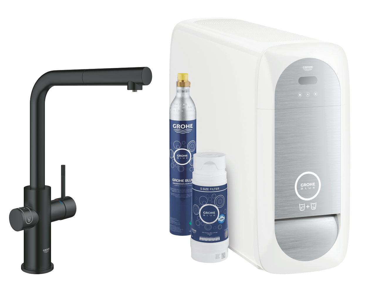 Grohe Blue Home Arıtmalı İçme Suyu ve Soda Yapan Spiralli Eviye Bataryası Seti, Kadife Siyah - GROHE 31539KS0