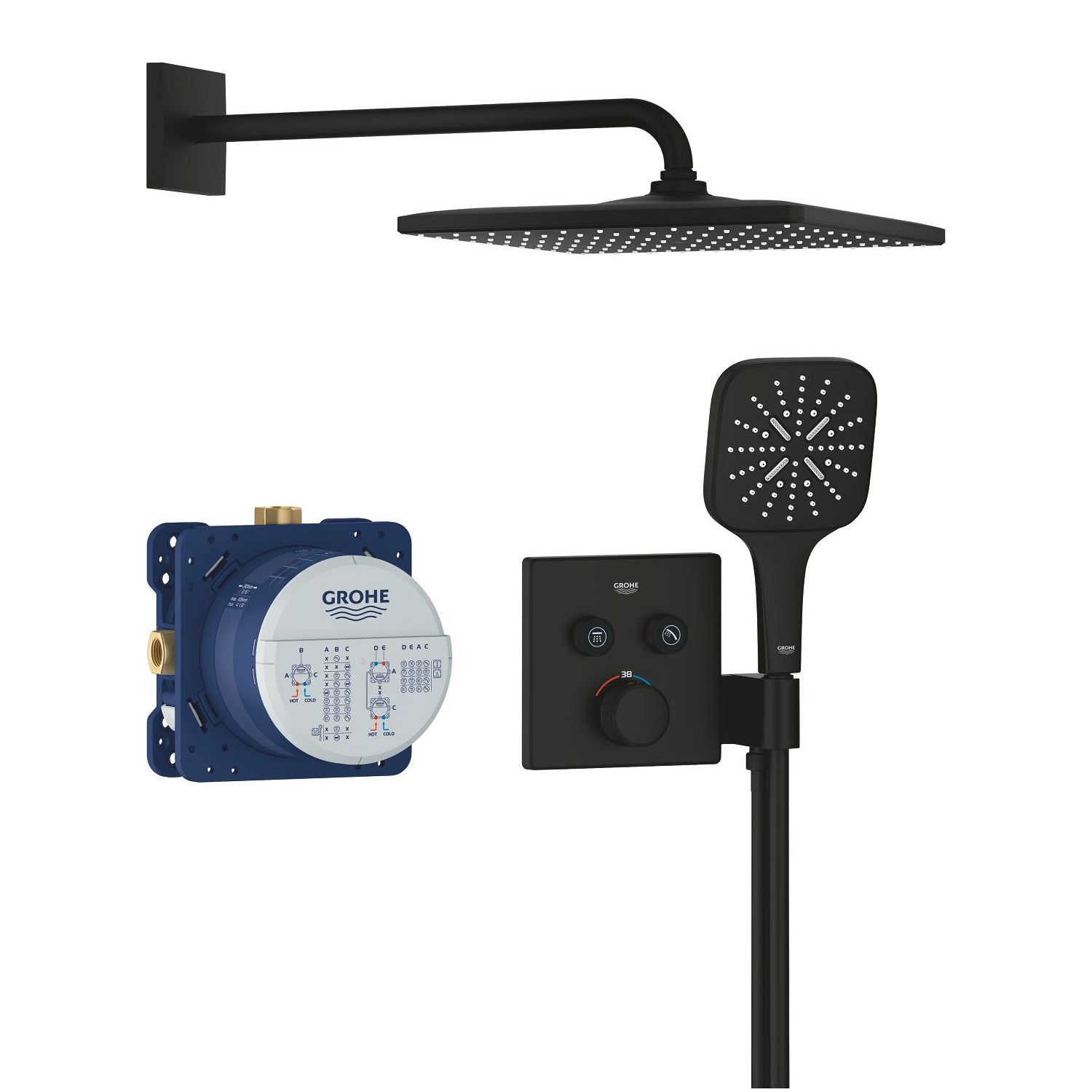 Grohe Grohtherm SmartControl Rainshower Mono 310 Cube Ankastre Termostatik Banyo/Duş Bataryası, Tepe ve El Duşu Seti, Hayalet Siyah - alternatif görünüm - GROHE 34865KF0