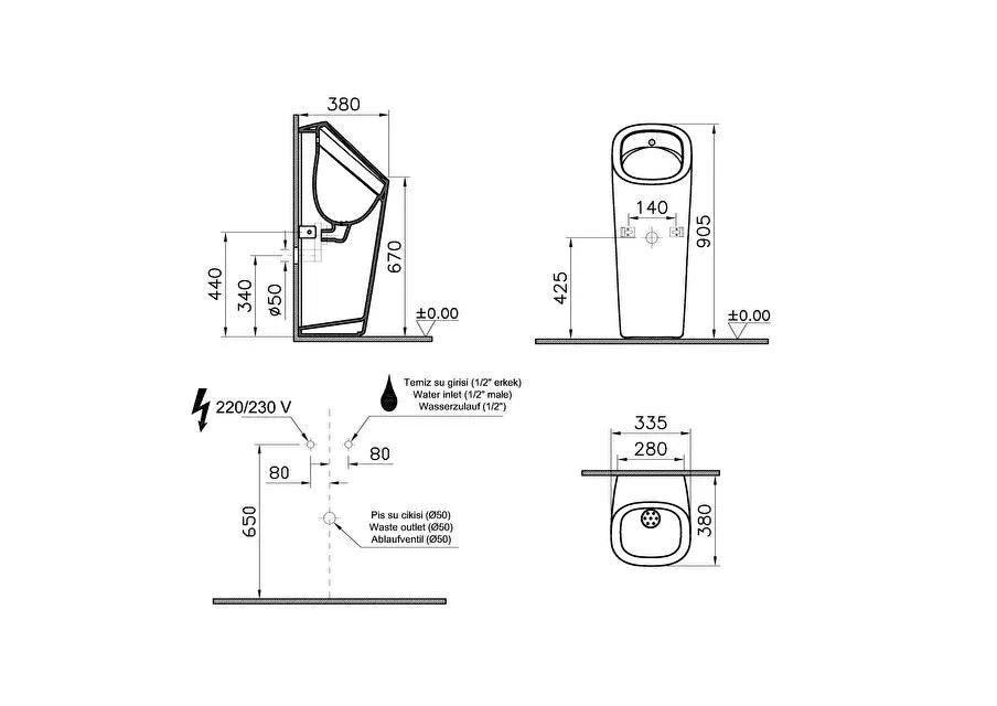 VitrA Plural Fotoselli Kare Monoblok Pisuvar (Arkadan Girişli), Elektrikli, Mat Siyah