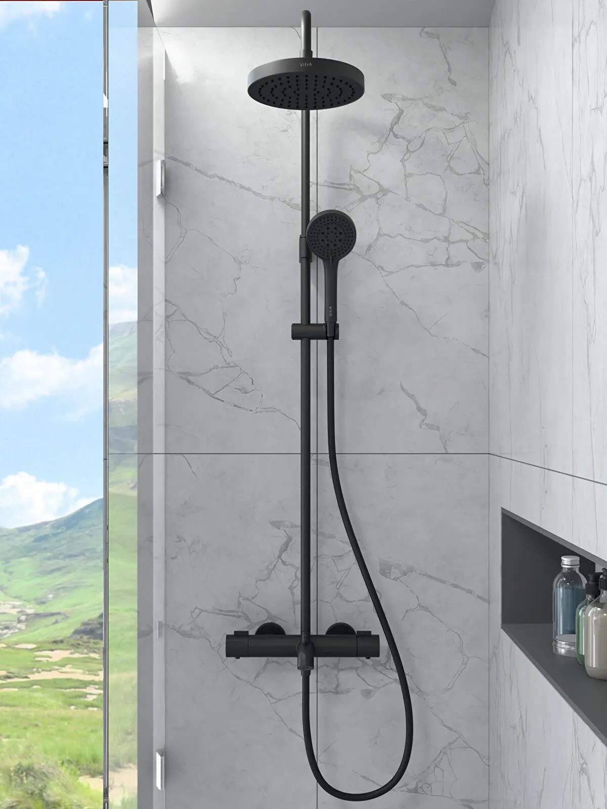 Artema Base Round 200 Termostatik Banyo Bataryalı Duş Sistemi, Mat Siyah