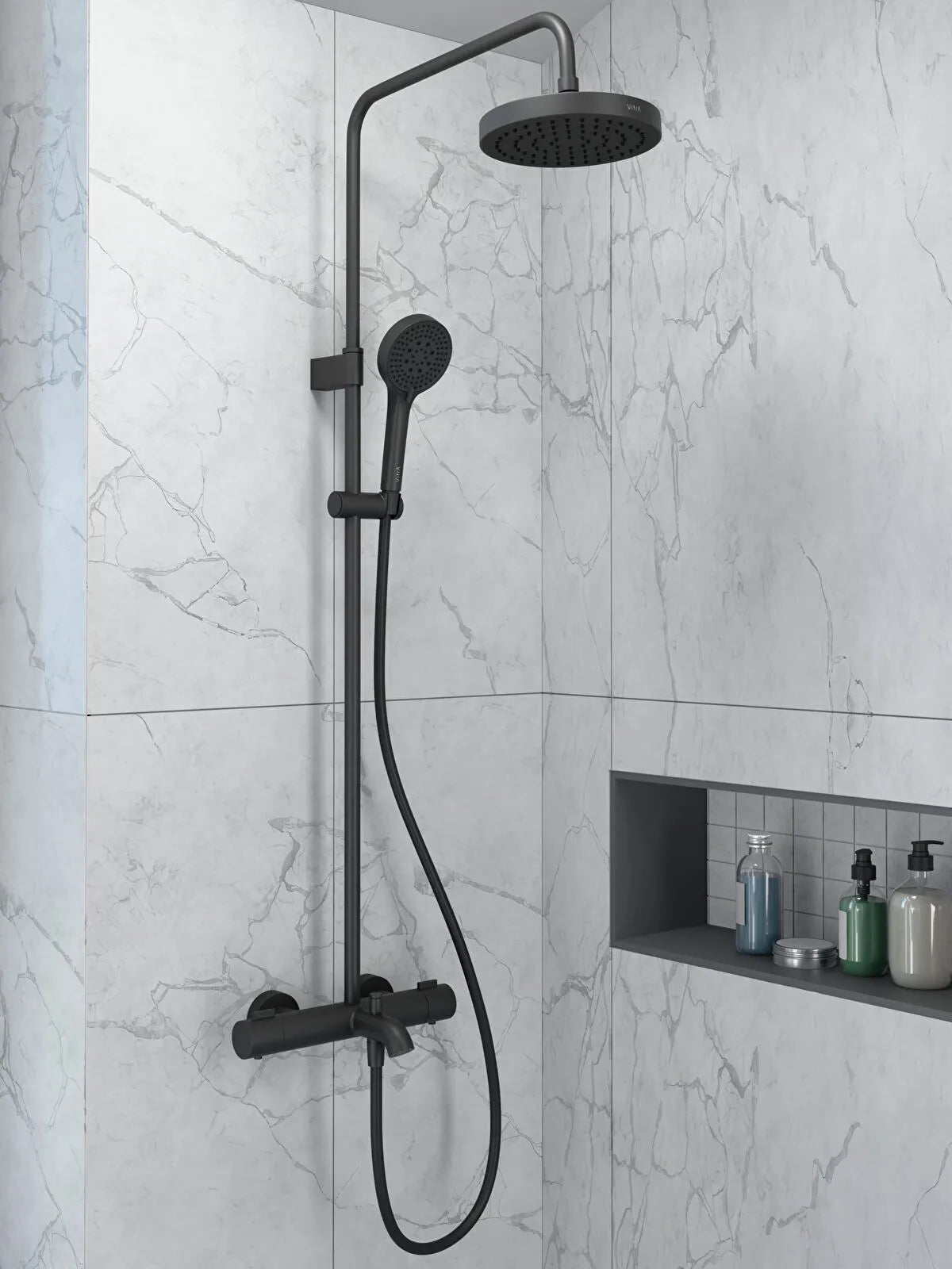Artema Base Round 200 Termostatik Banyo Bataryalı Duş Sistemi, Mat Siyah