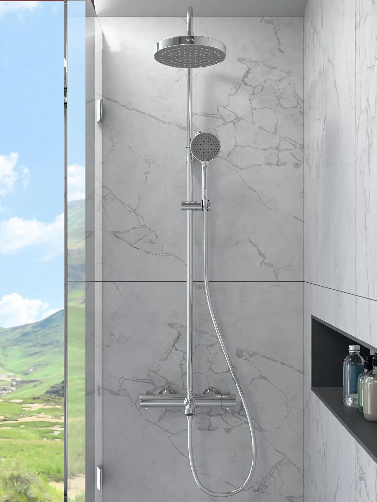 Artema Base Round 200 Termostatik Banyo Bataryalı Duş Sistemi, Parlak Krom