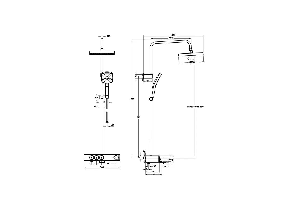 Artema Core Square 250 Termostatik Banyo Bataryalı Duş Sistemi, Parlak Krom