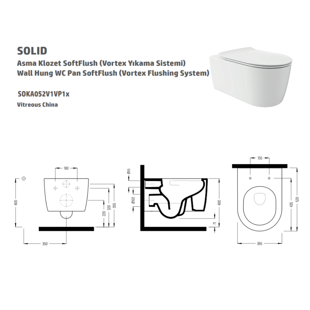 Bien Solid Vortex Asma Klozet Seti Parlak Beyaz, 52 cm